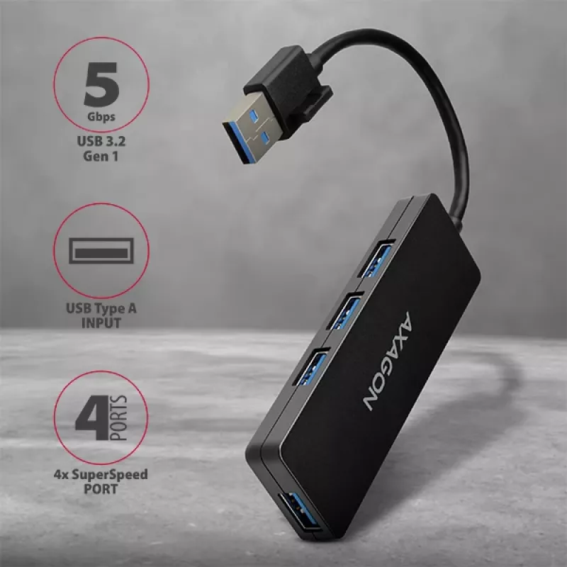Axagon SuperSpeed USB tenký hub, USB 3.2 Gen 1 (3.1 Gen 1) Type-A, USB 3.2 Gen 1 (3.1 Gen 1) Type-A, 5000 Mbit/s, čierny, plast, 0,14 m