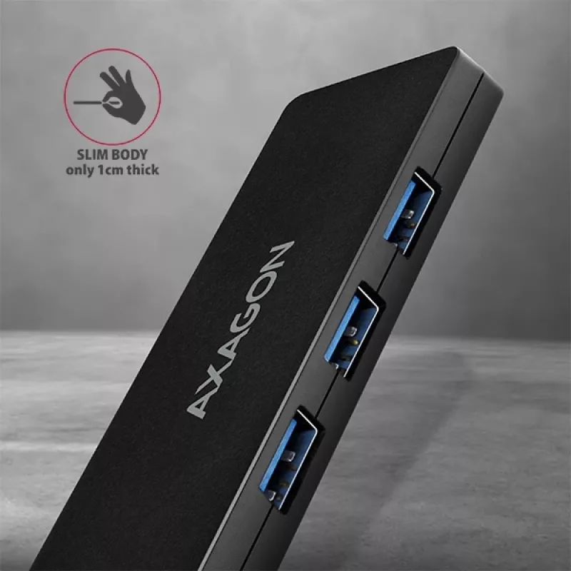 Axagon SuperSpeed USB tenký hub, USB 3.2 Gen 1 (3.1 Gen 1) Type-A, USB 3.2 Gen 1 (3.1 Gen 1) Type-A, 5000 Mbit/s, čierny, plast, 0,14 m
