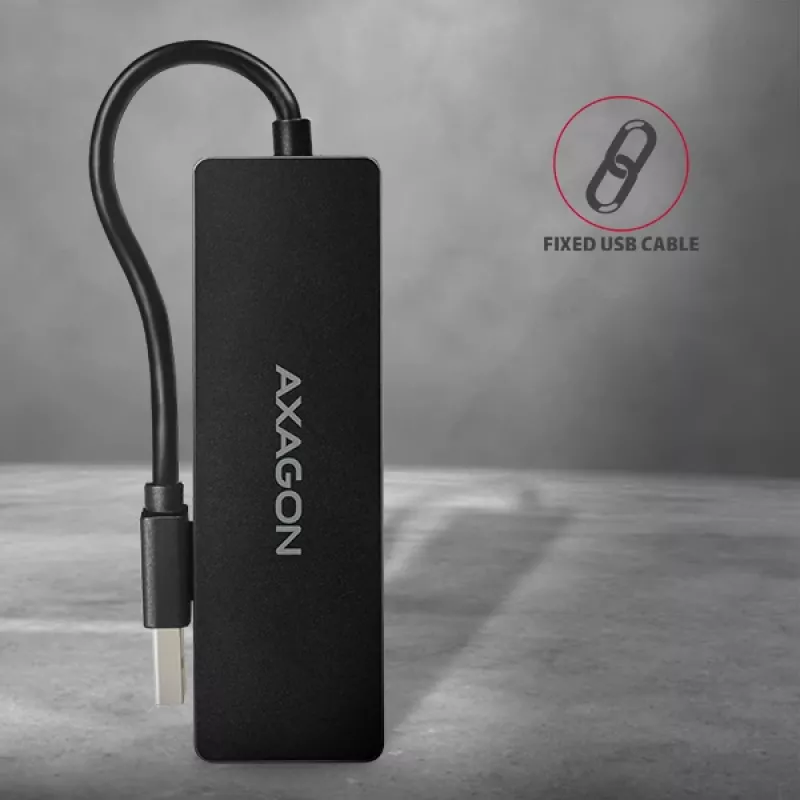 Axagon SuperSpeed USB tenký hub, USB 3.2 Gen 1 (3.1 Gen 1) Type-A, USB 3.2 Gen 1 (3.1 Gen 1) Type-A, 5000 Mbit/s, čierny, plast, 0,14 m