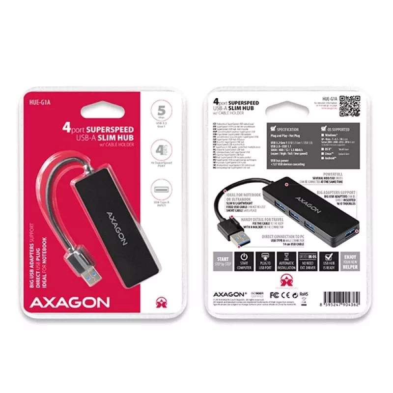 Axagon SuperSpeed USB tenký hub, USB 3.2 Gen 1 (3.1 Gen 1) Type-A, USB 3.2 Gen 1 (3.1 Gen 1) Type-A, 5000 Mbit/s, čierny, plast, 0,14 m