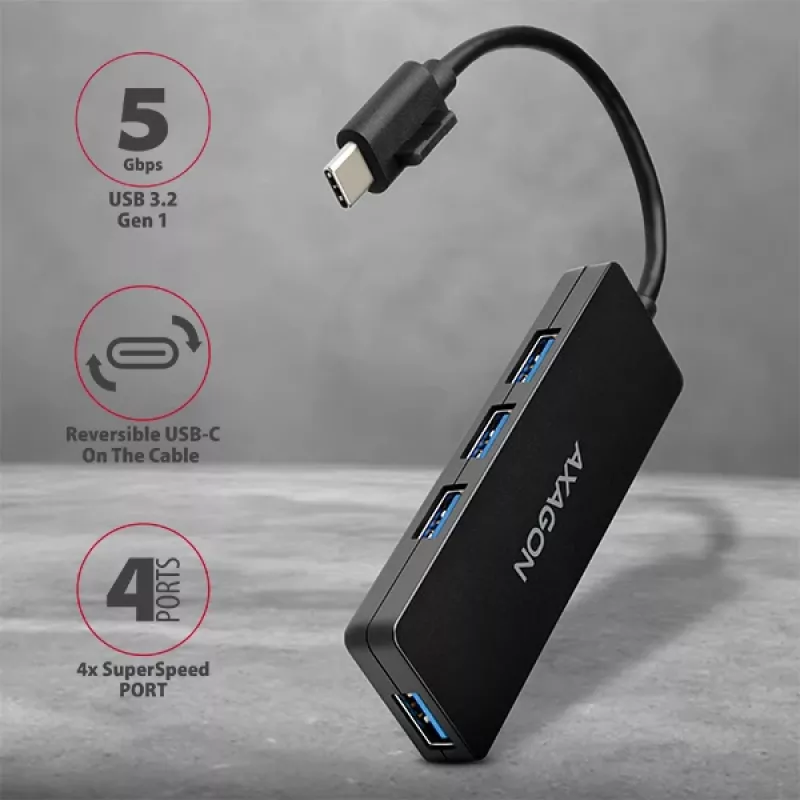 Axagon SuperSpeed USB-C tenký hub, USB 3.2 Gen 1 (3.1 Gen 1) Type-C, USB 3.2 Gen 1 (3.1 Gen 1) Type-A, 5000 Mbit/s, čierny, plast, 0,14 m