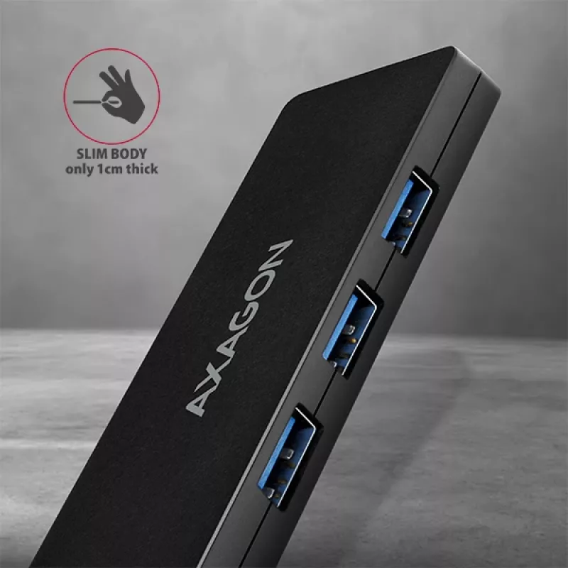 Axagon SuperSpeed USB-C tenký hub, USB 3.2 Gen 1 (3.1 Gen 1) Type-C, USB 3.2 Gen 1 (3.1 Gen 1) Type-A, 5000 Mbit/s, čierny, plast, 0,14 m
