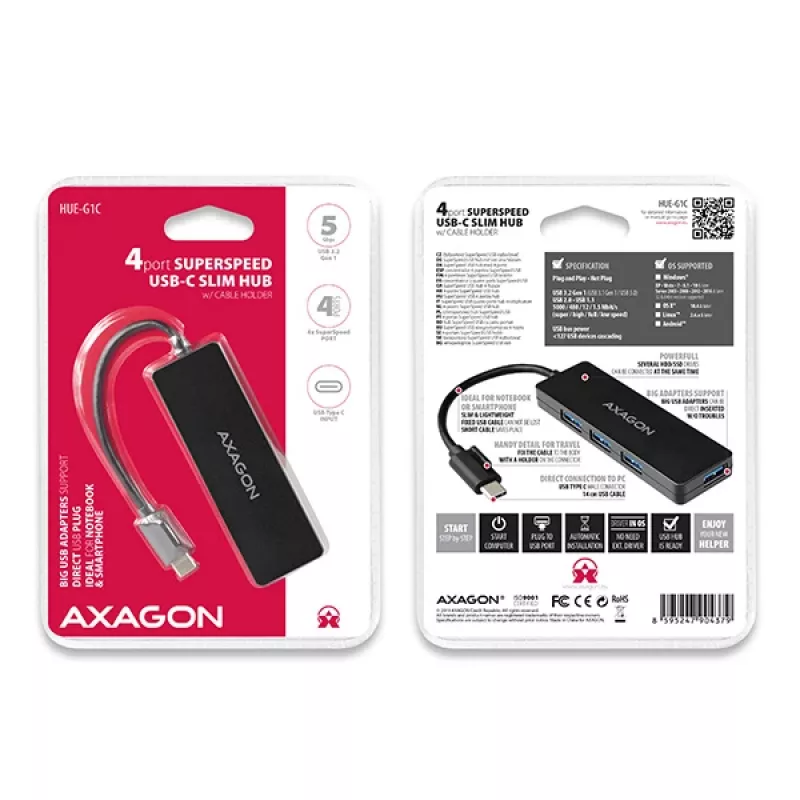 Axagon SuperSpeed USB-C tenký hub, USB 3.2 Gen 1 (3.1 Gen 1) Type-C, USB 3.2 Gen 1 (3.1 Gen 1) Type-A, 5000 Mbit/s, čierny, plast, 0,14 m