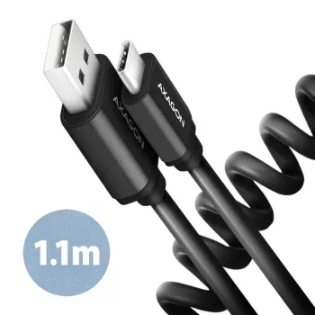 Axagon dátový a nabíjací kábel USB 2.0 dĺžka 1,1 m. 3A. čierny špirálový. USB kábel USB A USB C