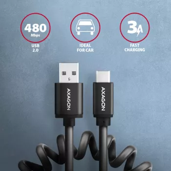Axagon dátový a nabíjací kábel USB 2.0 dĺžka 1,1 m. 3A. čierny špirálový. USB kábel USB A USB C