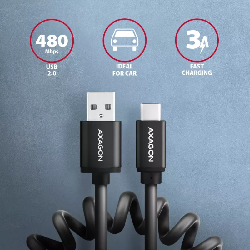 Axagon dátový a nabíjací kábel USB 2.0 dĺžka 1,1 m. 3A. čierny špirálový. USB kábel USB A USB C