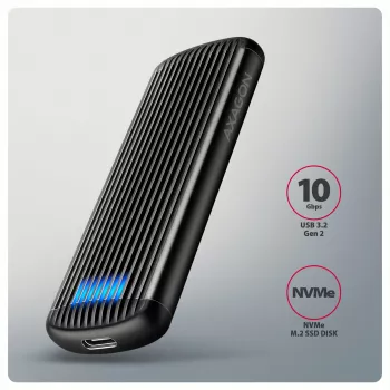 AXAGON EEM2-SC externé USB-C 10 Gbit/s bezskrutkové kovové puzdro pre M.2 NVMe SSD, jeden slot, sivá