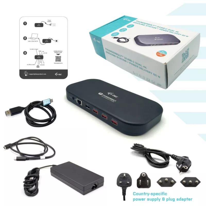 i-tec Thunderbolt 3/USB-C Dual-4K dokovacia stanica + kábel USB-C na DisplayPort (1,5 m) + napájanie 60 W