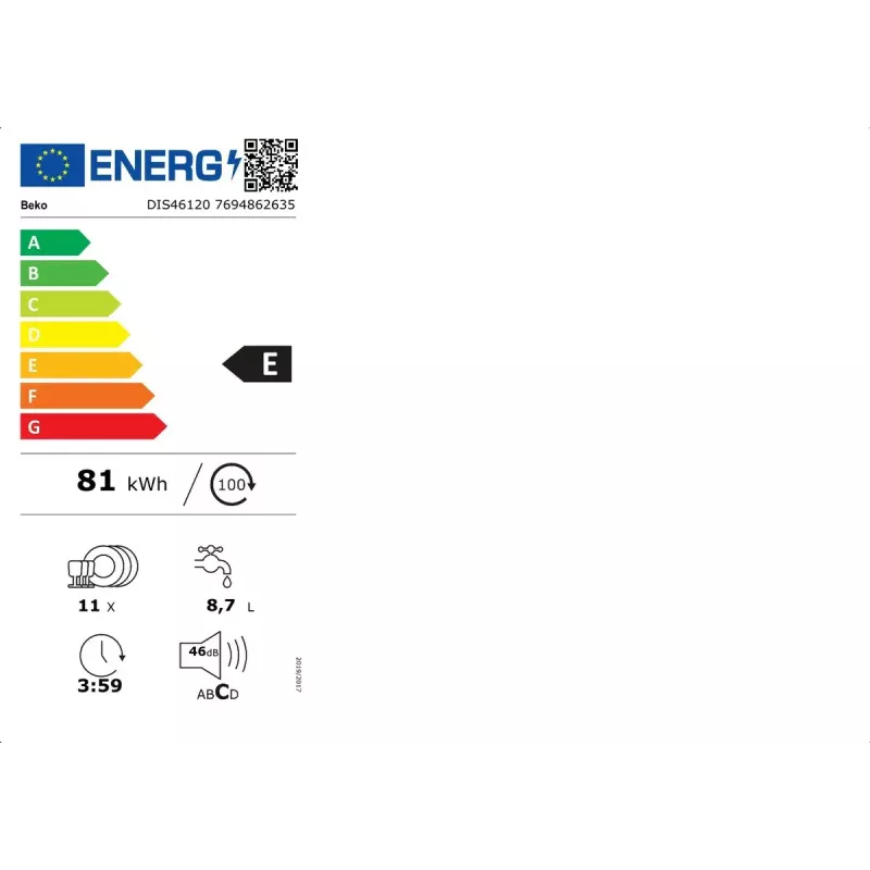Umývačka riadu BEKO DIS46120 plne integrovaná slimline 45 cm, 11 jedálenských súprav, biela, 46 dB, energetická trieda E