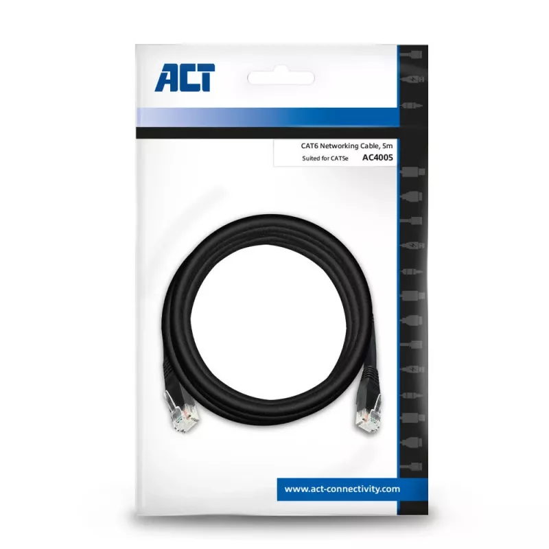 ACT čierny 5,0 metra U/UTP, CAT6 patch kábel s RJ45 konektormi