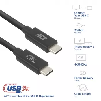 ACT USB4 20Gbps 240W USB Type-C kábel 2m čierny USB-IF certifikovaný