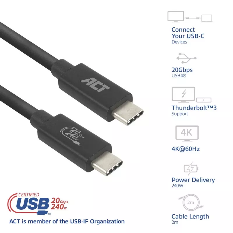 ACT USB4 20Gbps 240W USB Type-C kábel 2m čierny USB-IF certifikovaný