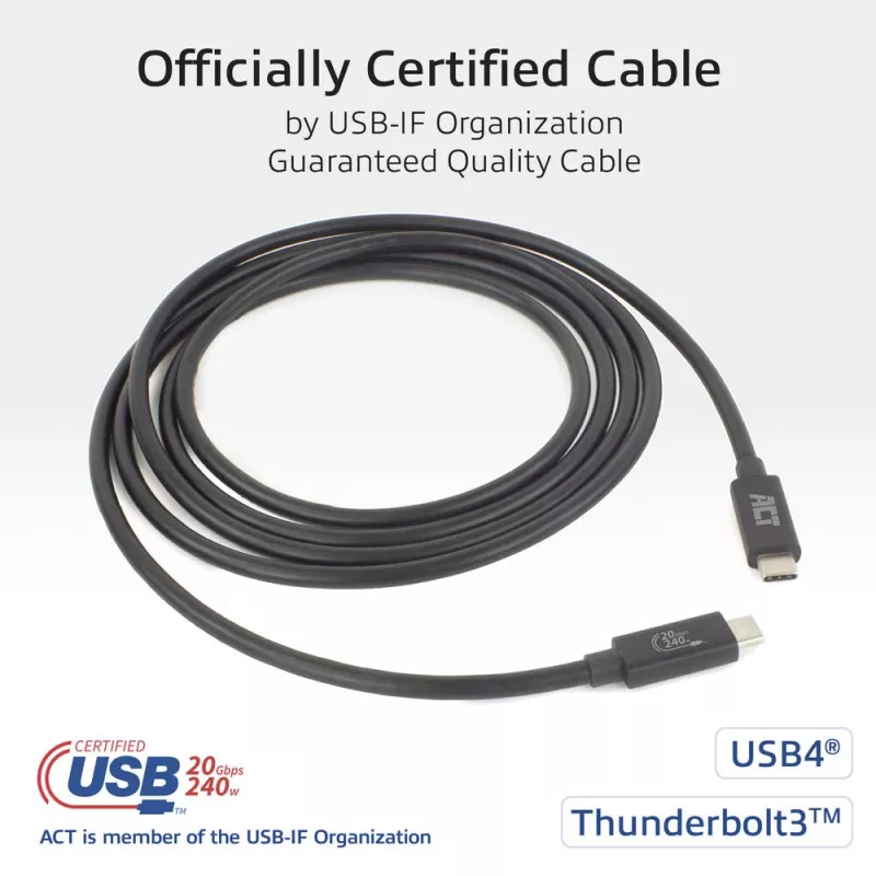 ACT USB4 20Gbps 240W USB Type-C kábel 2m čierny USB-IF certifikovaný
