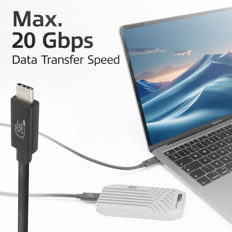 ACT USB4 20Gbps 240W USB Type-C kábel 2m čierny USB-IF certifikovaný