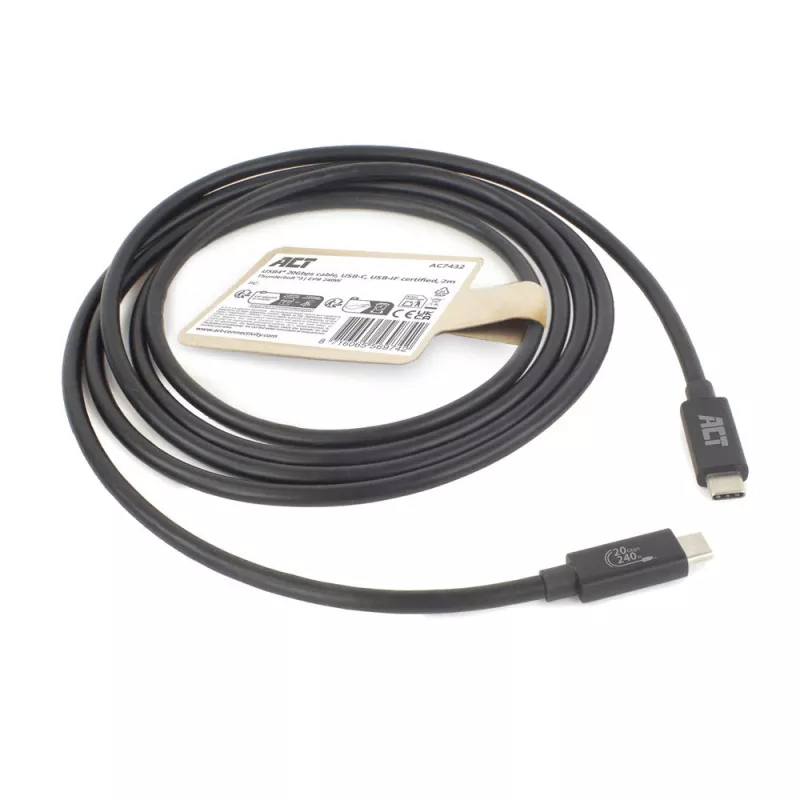 ACT USB4 20Gbps 240W USB Type-C kábel 2m čierny USB-IF certifikovaný