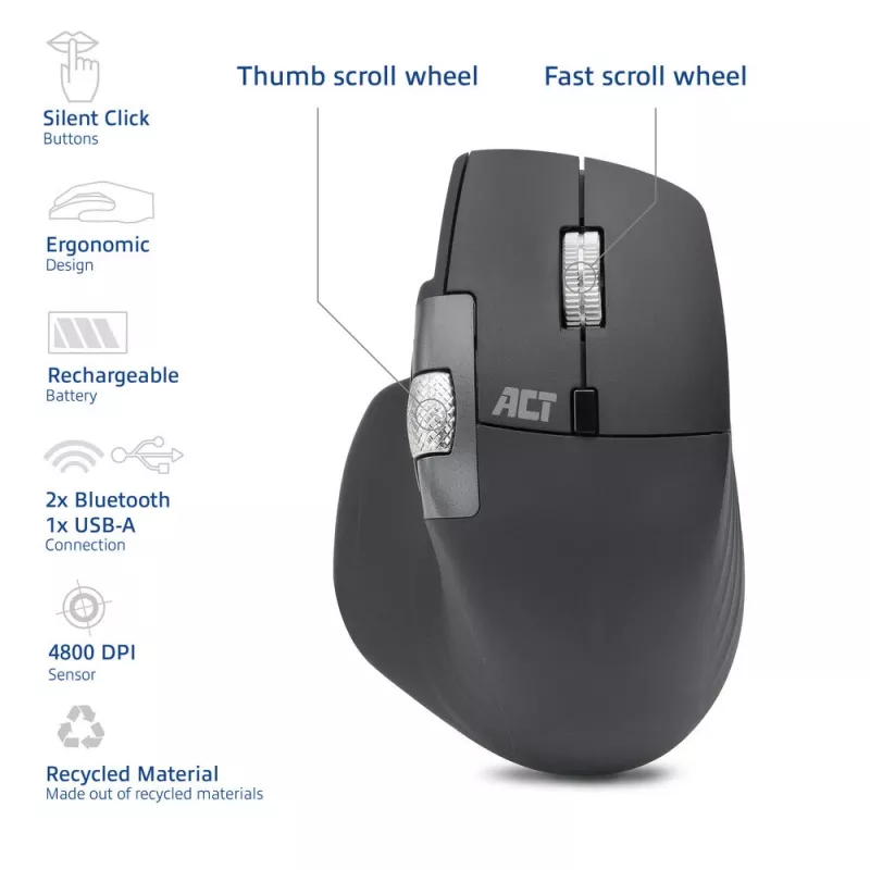 ACT AC5147 bezdrôtová myš, Bluetooth/USB, tichý klik, 4800 DPI, sivá