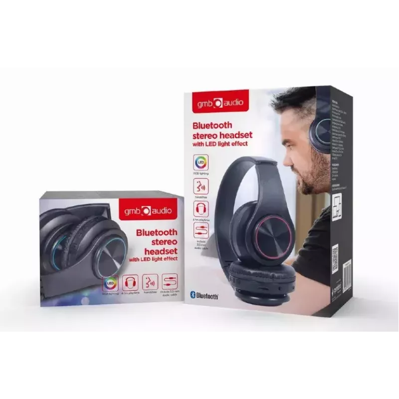 Káblový & bezdrôtový headset GEMBIRD BHP-LED-01, supra-aural, hlavový most, čierny, 0,3 m kábel, 150 g