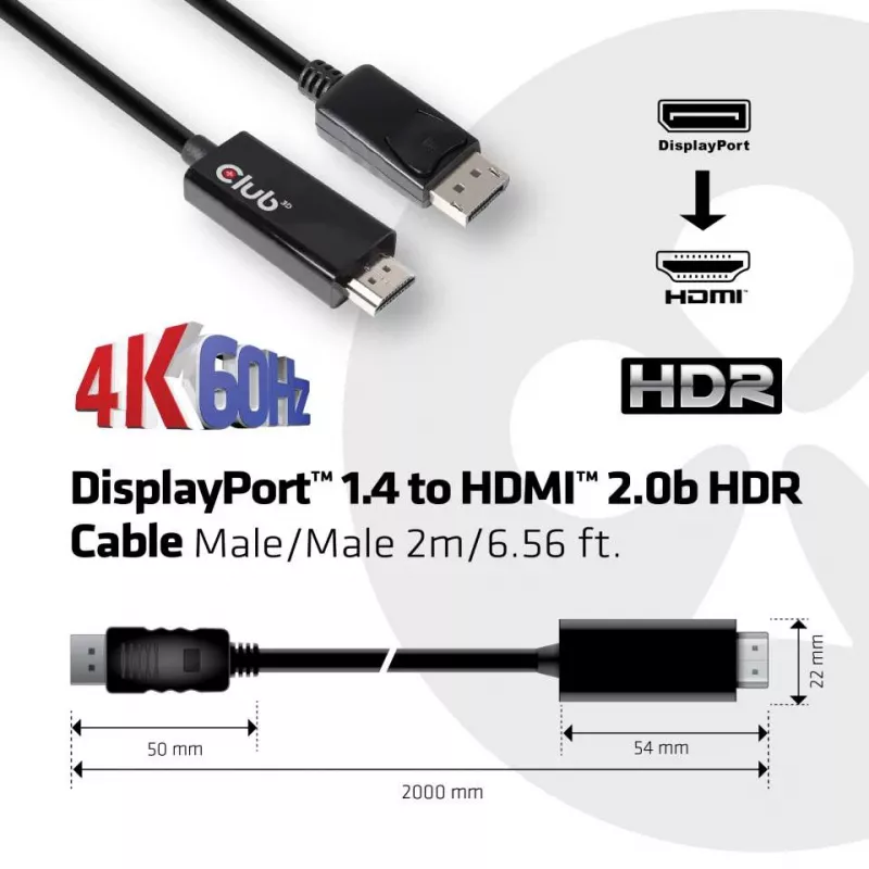 CLUB3D DisplayPort 1.4 na HDMI 2.0b HDR kábel, konektor samec/konektor samec, 2 m