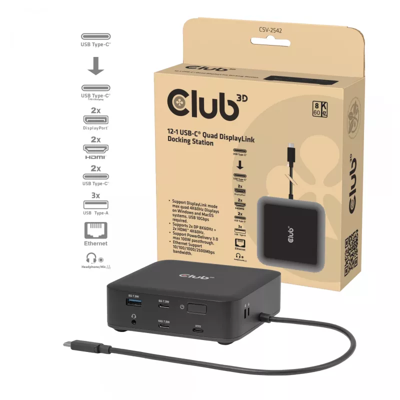 USB-C Quad DisplayLink dokovacia stanica CLUB 3D CSV-2542 — 2× DisplayPort 8K60Hz, 2× HDMI 4K60Hz, PD 100W, 2.5G Ethernet