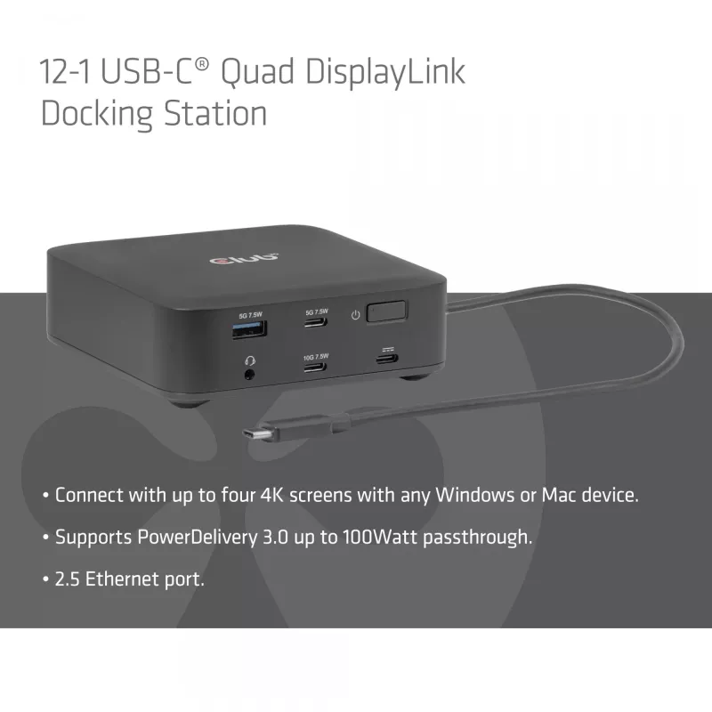 USB-C Quad DisplayLink dokovacia stanica CLUB 3D CSV-2542 — 2× DisplayPort 8K60Hz, 2× HDMI 4K60Hz, PD 100W, 2.5G Ethernet