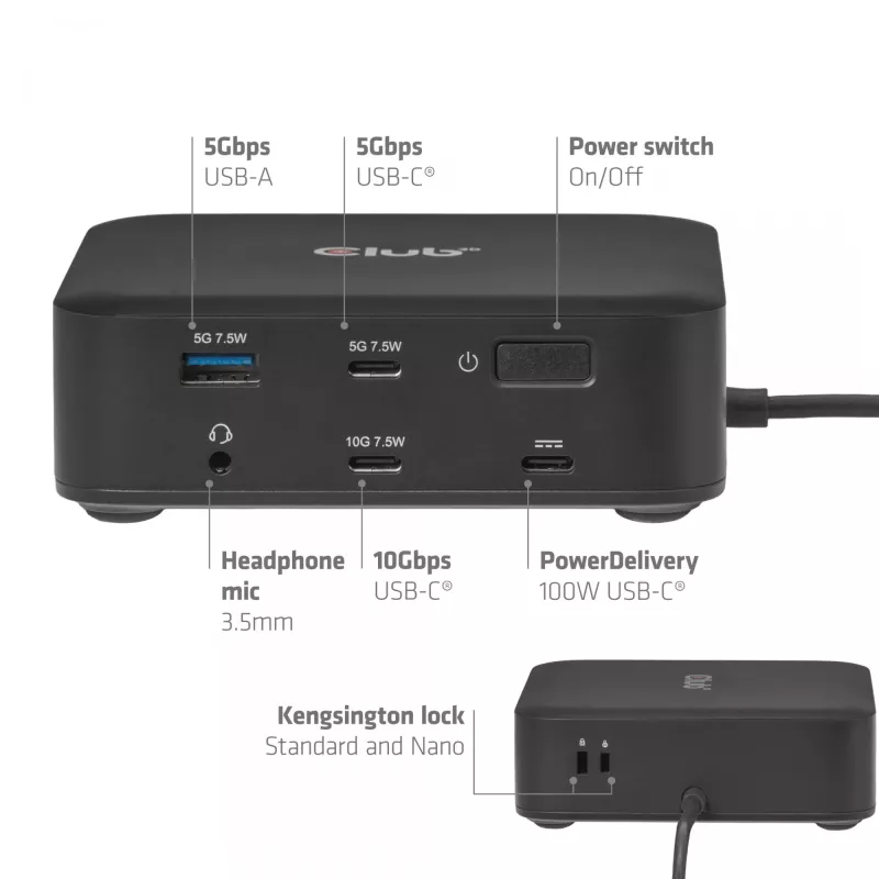 USB-C Quad DisplayLink dokovacia stanica CLUB 3D CSV-2542 — 2× DisplayPort 8K60Hz, 2× HDMI 4K60Hz, PD 100W, 2.5G Ethernet