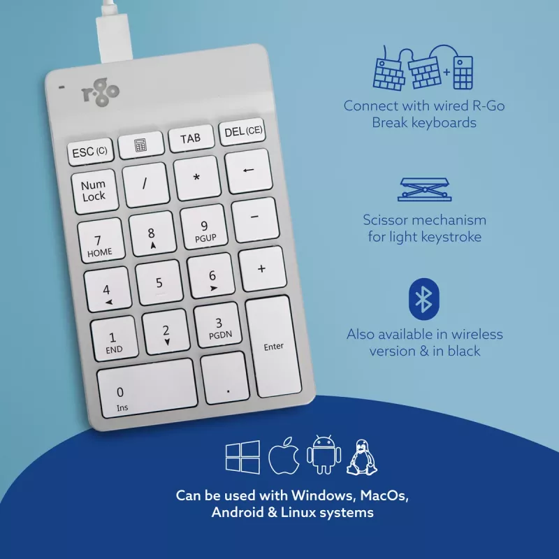 R-Go Tools numerická klávesnica R-Go Numpad Break, ergonomická numerická klávesnica so softvérom na prestávky, káblová, biela
