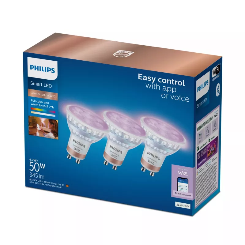 WiZ Philips Smart WiFi Spot PAR16 RGB GU10, balenie 3 ks, Full Colour