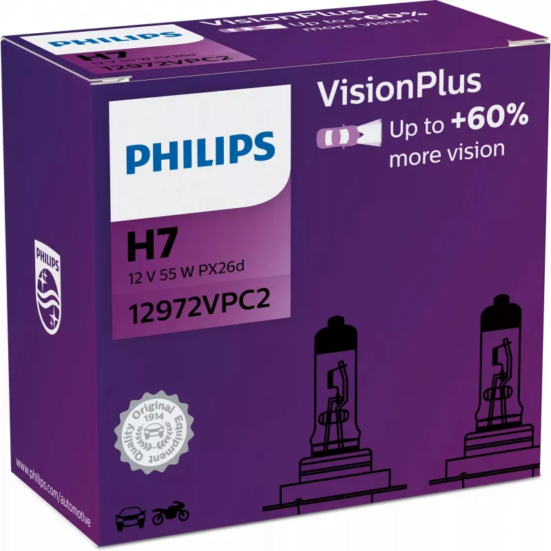 Philips VisionPlus 12972VPC2 viac bezpečnosti a komfortu, 55 W, 12 V, H7, halogén, 2 kusy