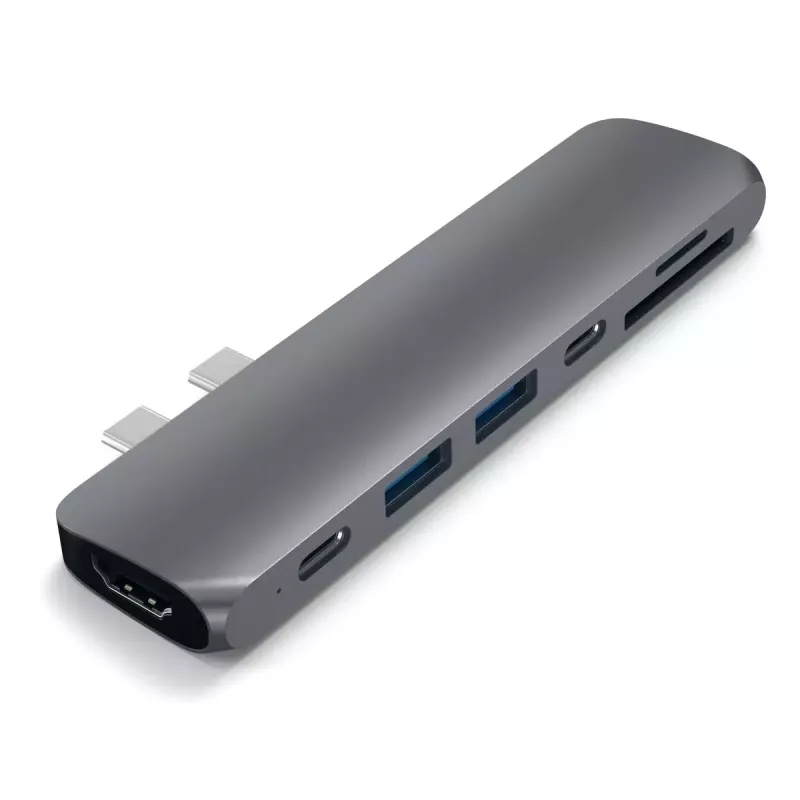 Satechi laptop dock/port replikátor ST-CMBPM — USB 3.2 Gen 1 Type-C host, HDMI, USB-A, SD/MicroSD, sivý
