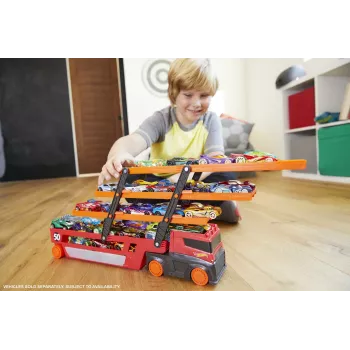 Hot Wheels City Mega Hauler s úložným priestorom pre až 50 áut v mierke 1:64, od 3 rokov