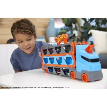 Hot Wheels City Speedway Hauler Carrier s 3 hračkárskymi autami, sada vozidiel, 4 roky, plast, sivá, viacfarebná