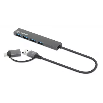 Manhattan USB-C & USB-A Combo Dock/Hub, konektory (4): USB-A (x4), 5 Gbps (USB 3.2 Gen1 alias USB 3.0), napájaný cez USB (bez potreby externého napájacieho zdroja), kábel 25 cm