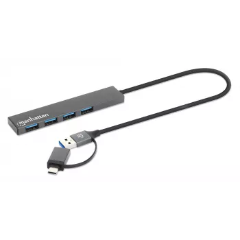 Manhattan USB-C & USB-A Combo Dock/Hub, konektory (4): USB-A (x4), 5 Gbps (USB 3.2 Gen1 alias USB 3.0), napájaný cez USB (bez potreby externého napájacieho zdroja), kábel 25 cm