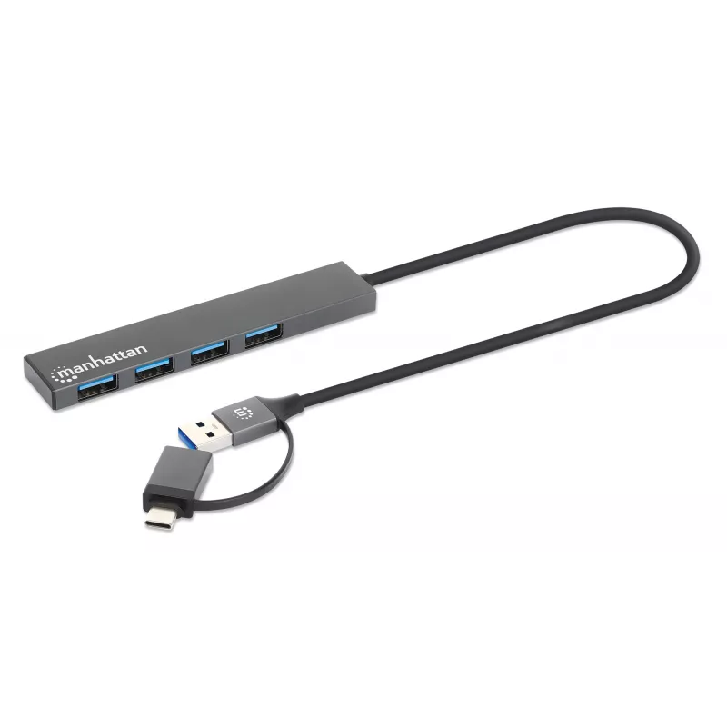 Manhattan USB-C & USB-A Combo Dock/Hub, konektory (4): USB-A (x4), 5 Gbps (USB 3.2 Gen1 alias USB 3.0), napájaný cez USB (bez potreby externého napájacieho zdroja), kábel 25 cm