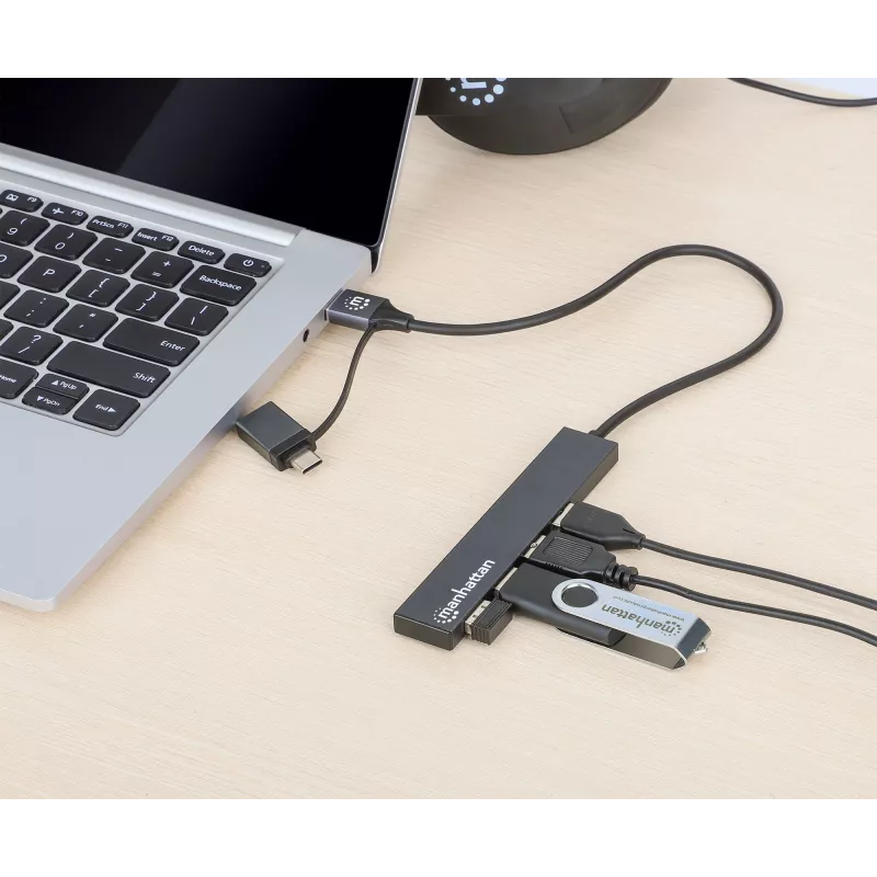 Manhattan USB-C & USB-A Combo Dock/Hub, konektory (4): USB-A (x4), 5 Gbps (USB 3.2 Gen1 alias USB 3.0), napájaný cez USB (bez potreby externého napájacieho zdroja), kábel 25 cm
