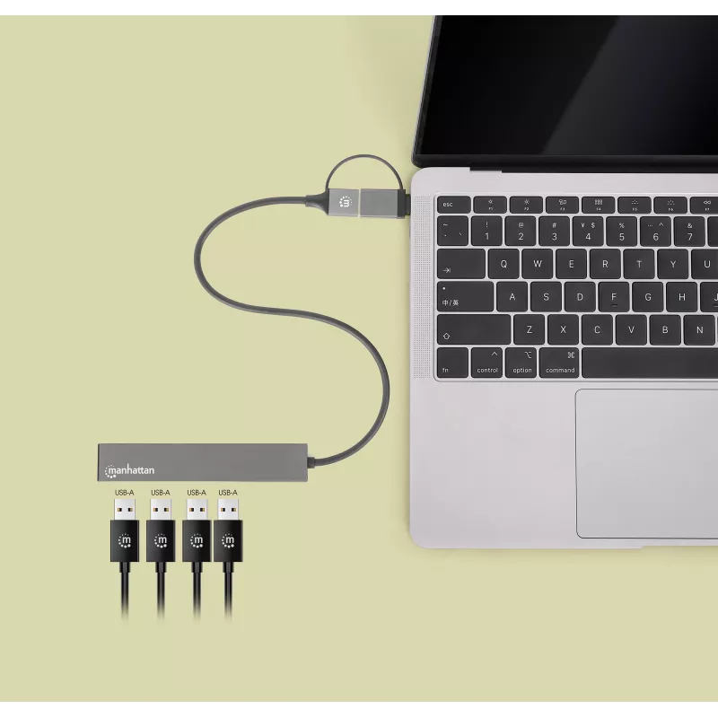 Manhattan USB-C & USB-A Combo Dock/Hub, konektory (4): USB-A (x4), 5 Gbps (USB 3.2 Gen1 alias USB 3.0), napájaný cez USB (bez potreby externého napájacieho zdroja), kábel 25 cm