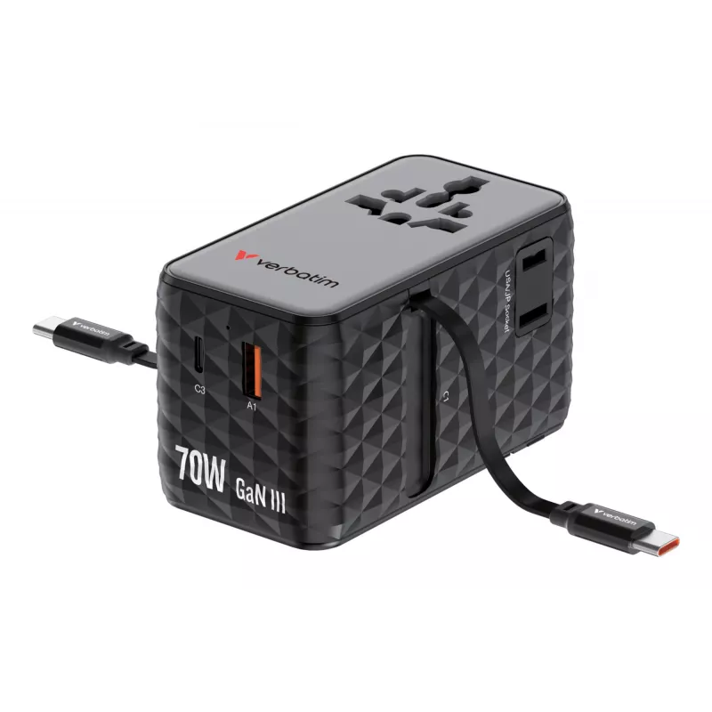 Verbatim Charge 'n' Travel 70W 2C sťahovací univerzálny cestovný adaptér čierna