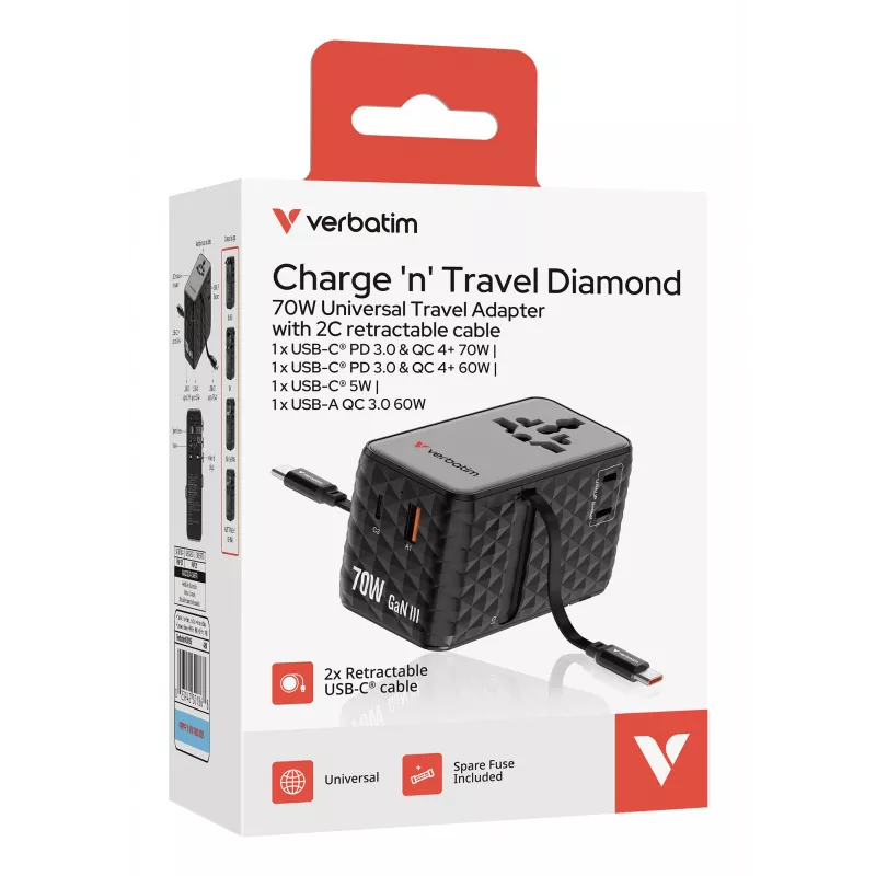 Verbatim Charge 'n' Travel 70W 2C sťahovací univerzálny cestovný adaptér čierna