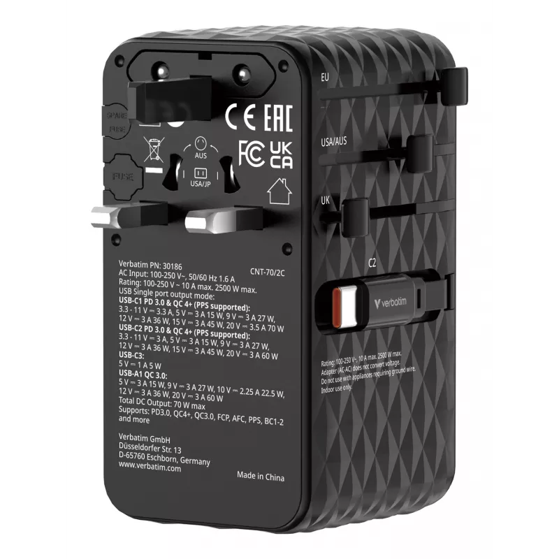 Verbatim Charge 'n' Travel 70W 2C sťahovací univerzálny cestovný adaptér čierna