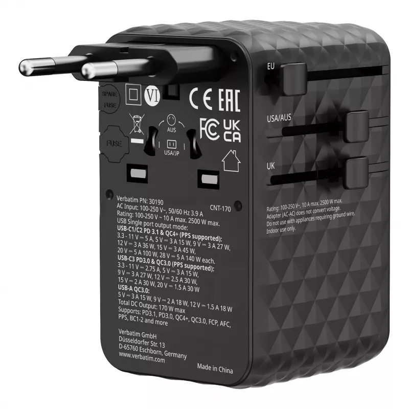 Verbatim Charge 'n' Travel 170W univerzálny cestovný adaptér čierna