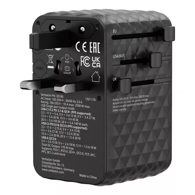 Verbatim Charge 'n' Travel 170W univerzálny cestovný adaptér čierna