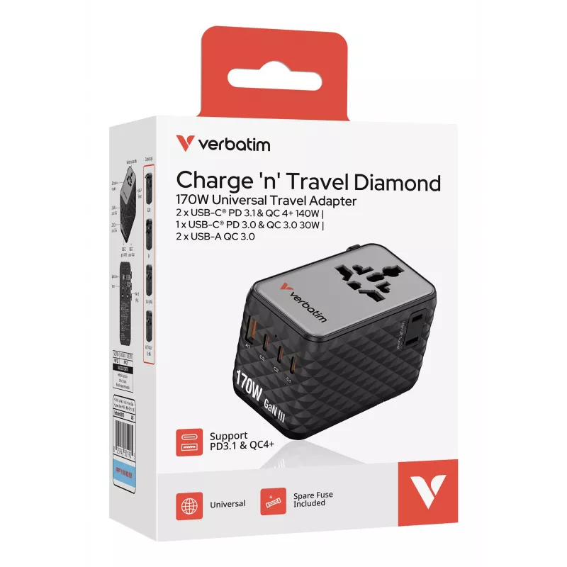 Verbatim Charge 'n' Travel 170W univerzálny cestovný adaptér čierna