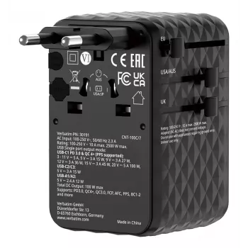 Verbatim Charge 'n' Travel 100W univerzálny cestovný adaptér so sťahovacím káblom čierna