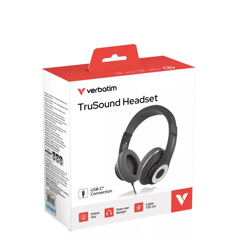 Verbatim TruSound USB-C headset, káblový, hudba/bežné použitie, 20 - 20000 Hz, 200,9 g, headset, čierna