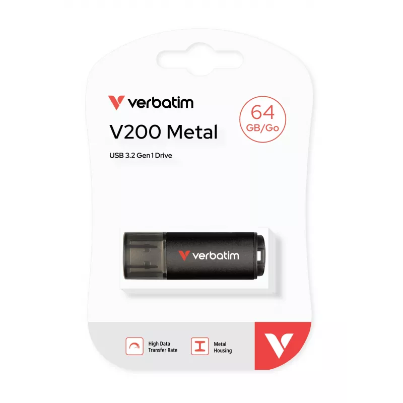 Verbatim V200 Metal USB kľúč 64GB, 64 GB, USB Type-A, 3.2 Gen 1 (3.1 Gen 1), 200 MB/s, s krytkou, čierny