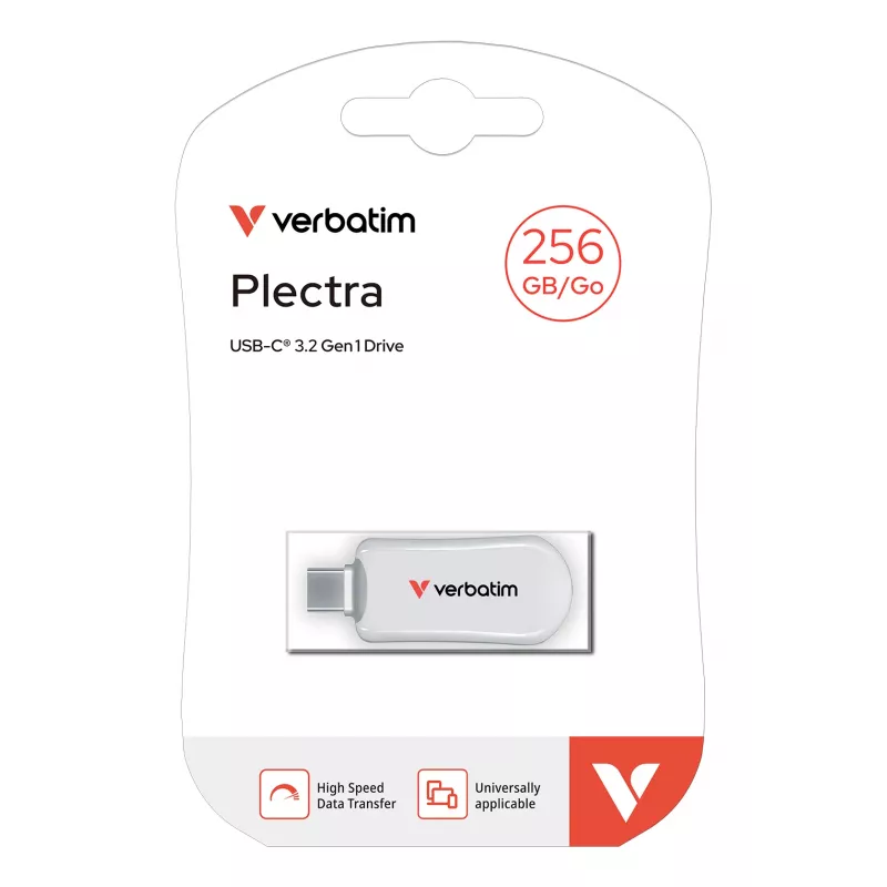 Verbatim Plectra USB-C flash disk biely 256GB, 256 GB, USB Type-C, 3.2 Gen 1 (3.1 Gen 1), 100 MB/s, bez krytky, biely
