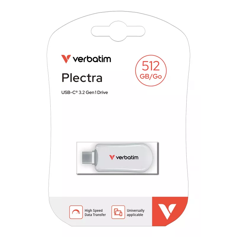 Verbatim Plectra USB-C flash disk biely 512GB, 512 GB, USB Type-C, 3.2 Gen 1 (3.1 Gen 1), 100 MB/s, bez krytky, biely