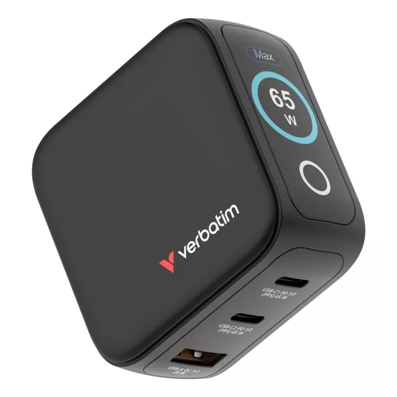 Verbatim Mini GaN nabíjačka 65W s displejom, interiérová, AC, 20 V, čierna