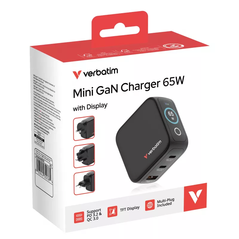 Verbatim Mini GaN nabíjačka 65W s displejom, interiérová, AC, 20 V, čierna