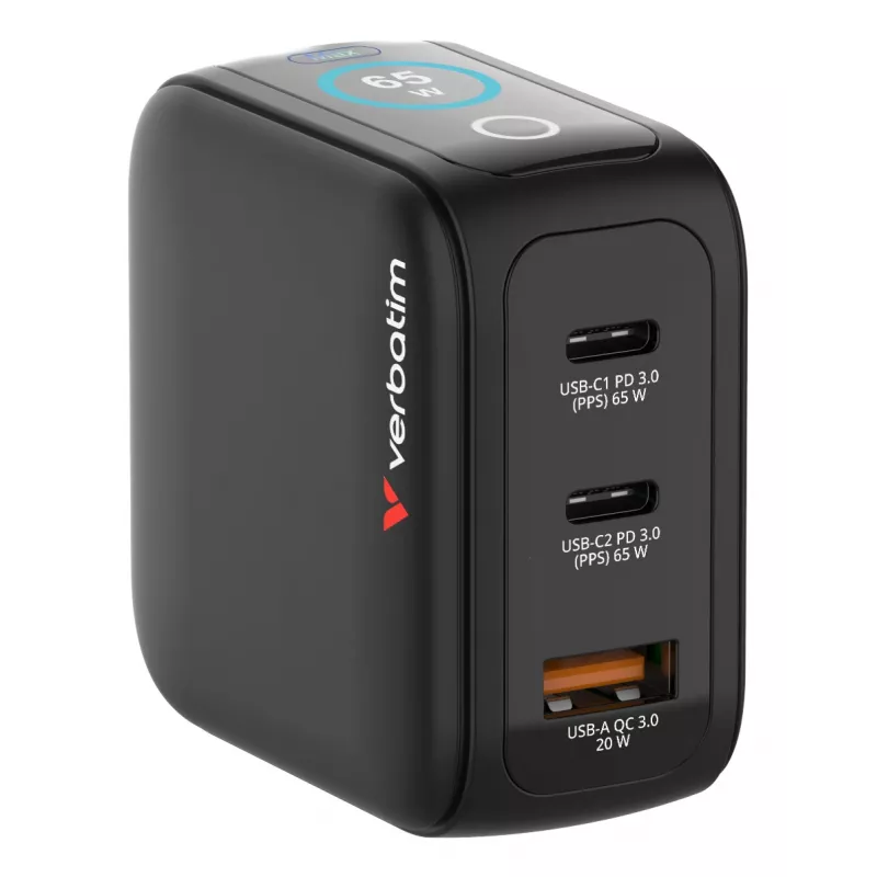 Verbatim Mini GaN nabíjačka 65W s displejom, interiérová, AC, 20 V, čierna